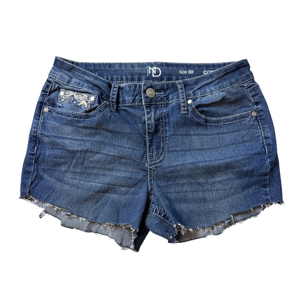 New Directions Jean Shorts Womens 8R Blue Cut Off Raw Hem Embroidered Stretch